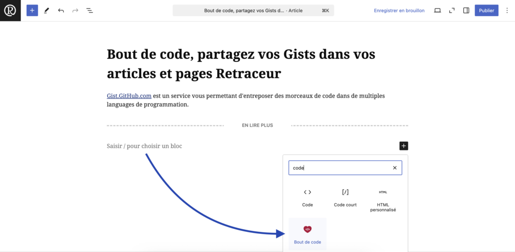 Le bouton pour ajouter un bout de code grâce à l'inserteur de blocs