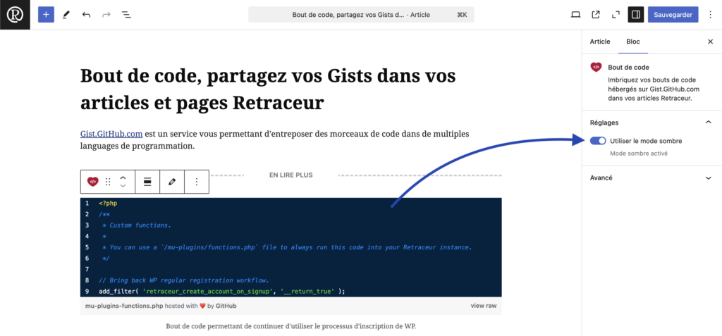 Mode sombre des réglages du bloc