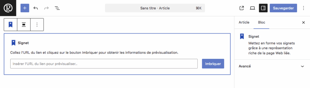 Capture d'écran de l'espace réservé à l'URL du bloc signet