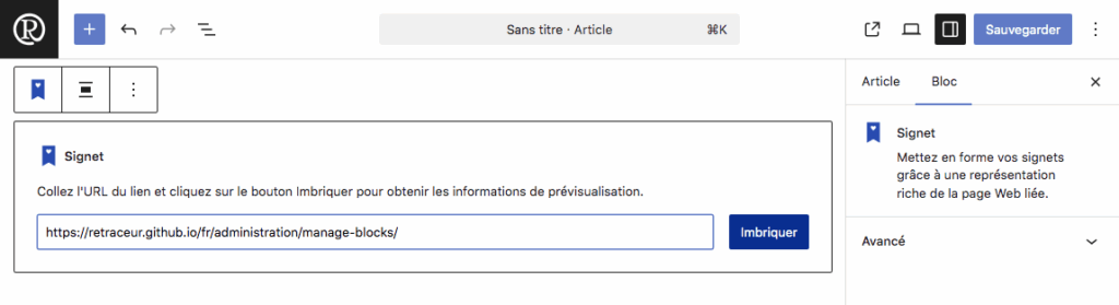 Capture d'écran de l'espace réservé à l'URL rempli du bloc signet
