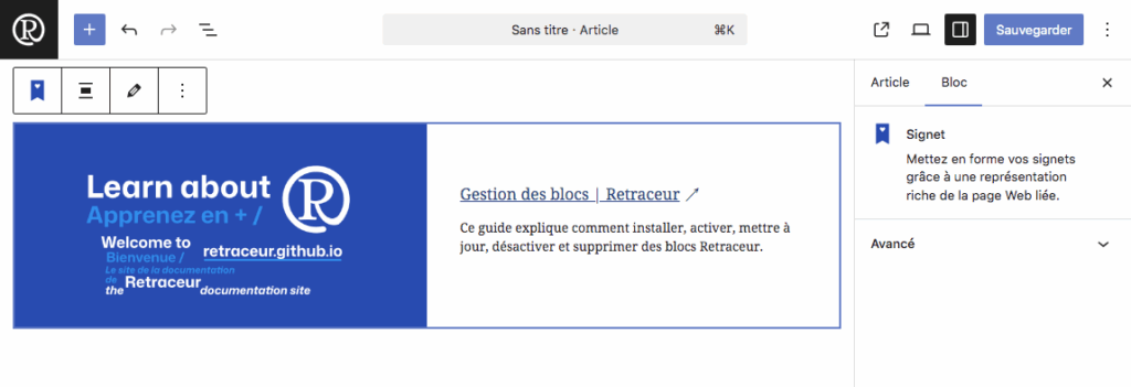 Affichage du bloc signet dans l'éditeur de blocs