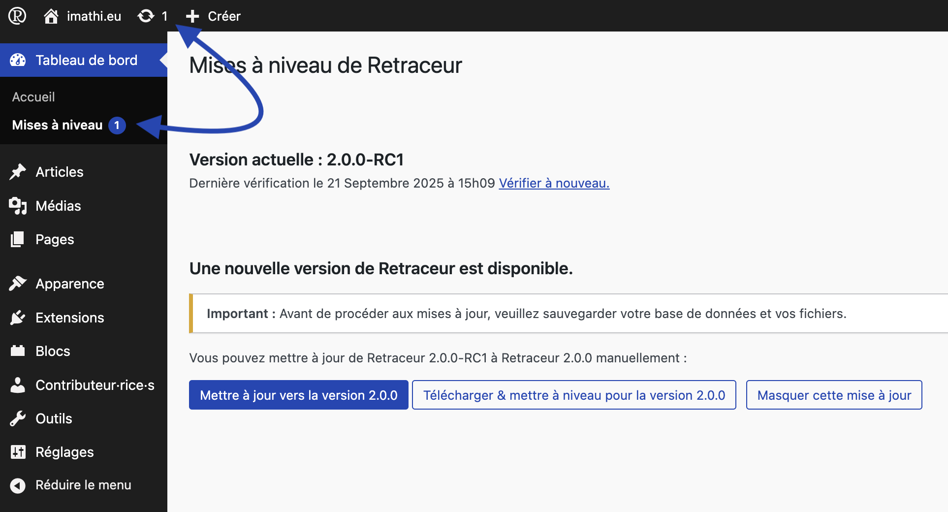 Capture d'écran de l'administration des mises à niveau