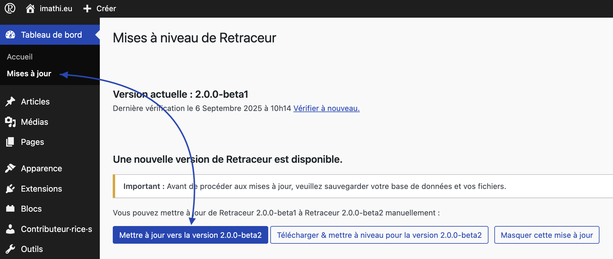 Capture d'écran du bouton de mise à niveau en 1 clic