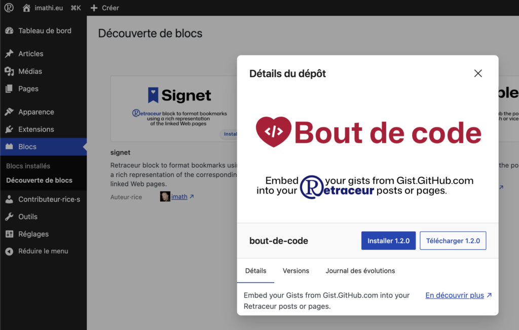 Capture d'écran de l'interface de découverte des blocs et des extensions de Retraceur