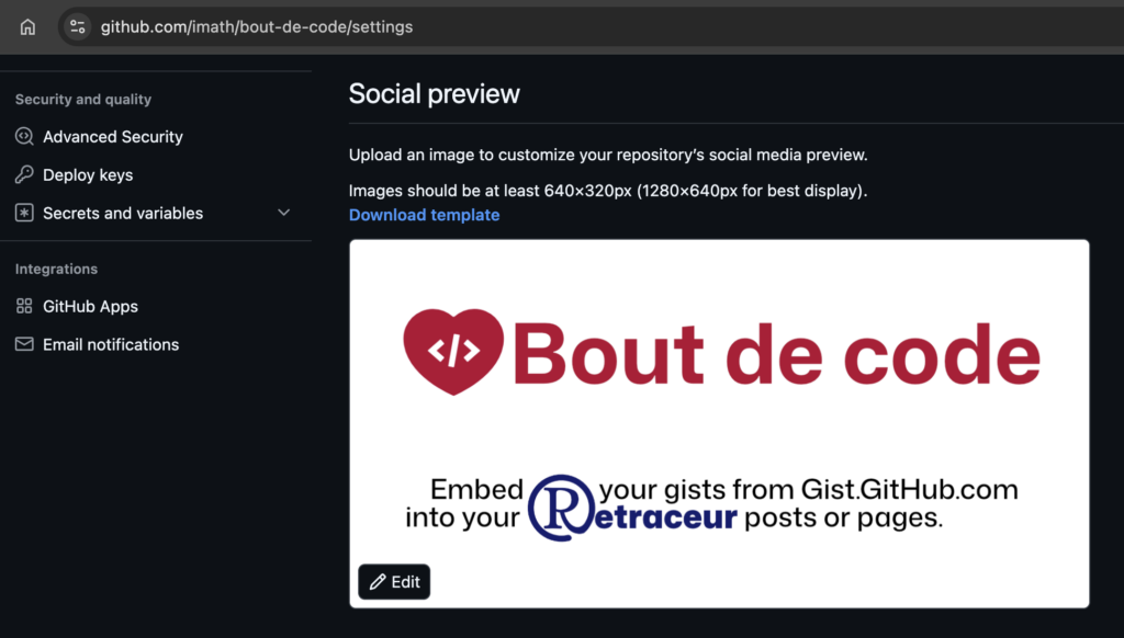 Capture d'écran de l'interface des réglages d'un dépôt GitHub.