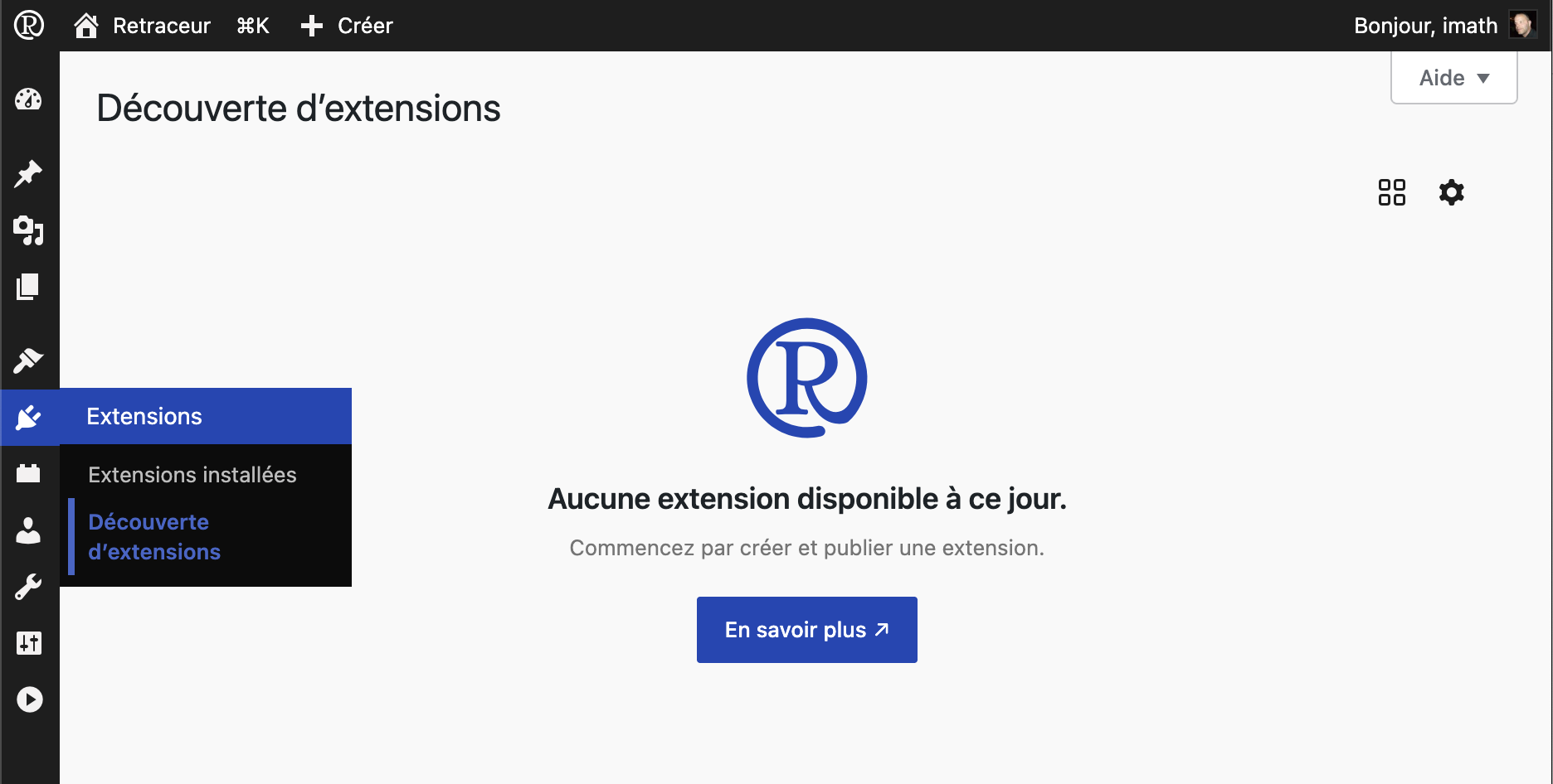 Capture d'écran de l'interface de découverte des extensions